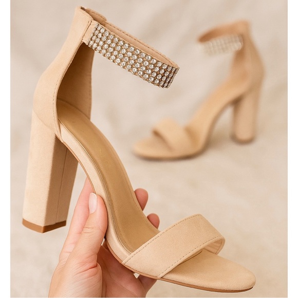 Liliana Shoes - Liliana Champagne Nude Rhinestone Block Heel Sandals | Size 8